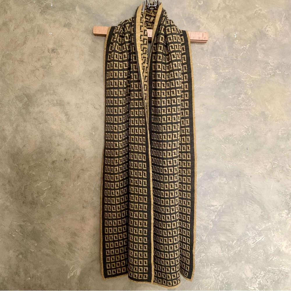 Vintage Wool Blend Patterned Wide Reversible Scarf Gold Dark Brown